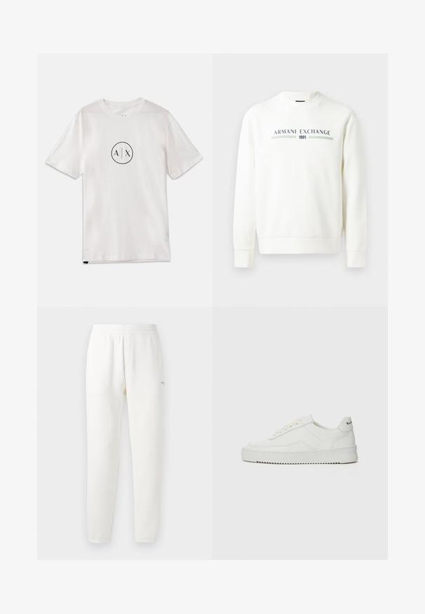 Bílá mikina s kulatým výstřihem, dlouhými rukávy a žebrovanými manžetami. Na přední straně je potisk "Armani Exchange 1991" v modré a zelené barvě.; Bílá bavlněná tričko s krátkým rukávem, s kulatým černým logem ve středu s nápisem "A/X", klasický design s kulatým výstřihem.; Bílé tepláky vyrobené z měkké látky, s elastickým pasem, zúženými nohavicemi a malým logem na levé straně.; Bílé kožené tenisky s hladkým povrchem, kulatou špičkou, plochými tkaničkami a texturovanou podrážkou. Na patě se nachází nenápadné logo.