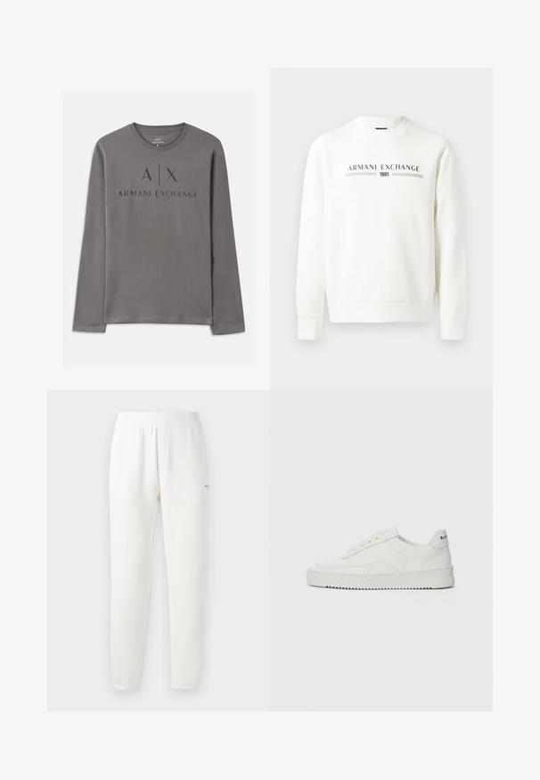Λευκή μπλούζα με στρογγυλή λαιμόκοψη, μακριά μανίκια και ριμπ φινίρισμα. Διαθέτει τυπωμένο λογότυπο "Armani Exchange 1991" σε μπλε και πράσινο χρώμα.; Γκρι μπλουζάκι μακρυμάνικο φτιαγμένο από μαλακό ύφασμα με στρογγυλή λαιμόκοψη. Η μπροστινή γραφική απεικόνιση περιλαμβάνει την ένδειξη "A|X ARMANI EXCHANGE" με σκούρα γράμματα.; Λευκό παντελόνι φόρμας από μαλακό ύφασμα, με ελαστική μέση, σφηνοειδή πόδια και μικρό λογότυπο στην αριστερή πλευρά.; Λευκό δερμάτινο sneakers με λείο φινίρισμα, στρογγυλή μύτη, επίπεδα κορδόνια και υφή στην σόλα. Φέρει μια διακριτική λογότυπο στη φτέρνα.