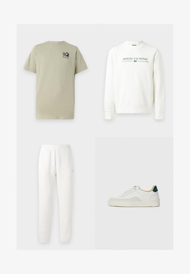Baltas sportinis džemperis su apvalia iškirpte, ilgomis rankovėmis ir rauktomis rankogaliais. Puošia mėlynai žalias spausdintas "Armani Exchange 1991" logotipas.; Šviesiai alyvuogių spalvos medvilninis marškinėliai su trumpomis rankovėmis, apvaliu iškirpimu ir maža juoda grafika, vaizduojančia medžius ir saulę krūtinėje.; Baltos sportinės kelnės, pagamintos iš minkštos medžiagos, su elastinga juosta, siaurėjančiomis kojomis ir maža logo ant kairės pusės.; Baltos sportbačiai su zomšos akcentais, apvaliu nosiu, plokščiais raišteliais ir kreminės spalvos guminiu padu. Ant kulno yra žalia ženklinimo detalė.