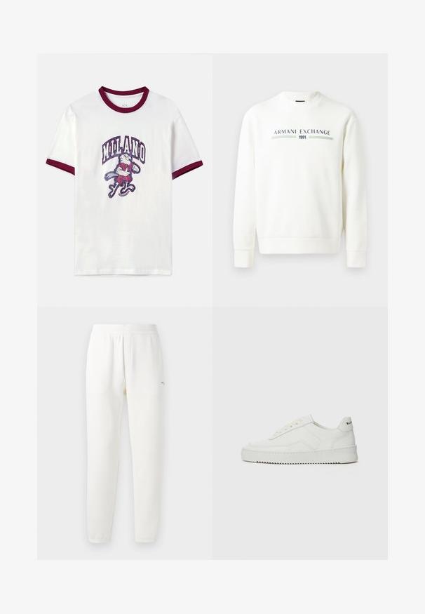 Baltas sportinis džemperis su apvalia iškirpte, ilgomis rankovėmis ir rauktomis rankogaliais. Puošia mėlynai žalias spausdintas "Armani Exchange 1991" logotipas.; Balta medvilnė marškinėliai su bordo spalvos intarpais ant apykaklės ir rankovių. Puikuojasi grafiniu dizainu, vaizduojančiu charakterį, laikantį kriketą, ir tekstu "MILANO".; Baltos sportinės kelnės, pagamintos iš minkštos medžiagos, su elastinga juosta, siaurėjančiomis kojomis ir maža logo ant kairės pusės.; Balti odiniai sportiniai bateliai su lygia apdaila, apvaliu pirštu, plokščiais raišteliais ir tekstūruotu padu. Pasižymi subtiliu logotipu ant kulno.