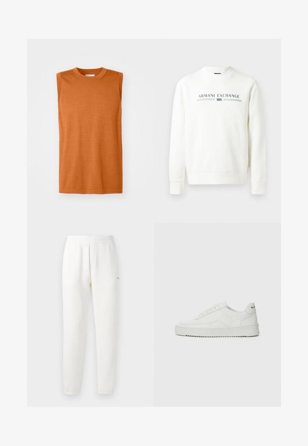 Weißer Sweatshirt mit Rundhalsausschnitt, langen Ärmeln und gerippten Bündchen. Mit einem gedruckten Logo "Armani Exchange 1991" in Blau und Grün.; Ärmelloses oranges Stricktop mit Rundhalsausschnitt, glatter Textur und geradem Schnitt, mit einem sauberen Saum und minimalem Design.; Weiße Jogginghosen aus weichem Stoff, mit einem elastischen Bund, schmal zulaufenden Beinen und einem kleinen Logo auf der linken Seite.; Weiße Ledersneaker mit glatter Oberfläche, runder Zehenpartie, flachen Schnürsenkeln und strukturiertem Sohlenprofil. Mit einem dezenten Logo an der Ferse.