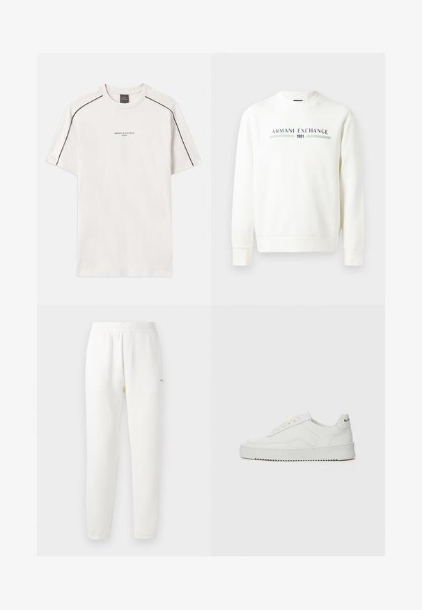 Bela sweatshirt s krožnim izrezom, dolgimi rokavi in rebrastimi manšetami. Ima natisnjen logotip "Armani Exchange 1991" v modri in zeleni barvi.; Off-white majica iz bombaža, s kratkimi rokavi, okroglo ovratnikom, kontrastnim črnim šivanjem na ramenih in natisnjenim logotipom.; Bele športne hlače iz mehkega blaga, z elastičnim pasom, zoženimi nogami in majhnim logotipom na levi strani.; Bela usnjena športna obutev z gladko površino, okroglo prst, ravne vezalke in teksturiran podplat. Ima diskretno logo na peti.