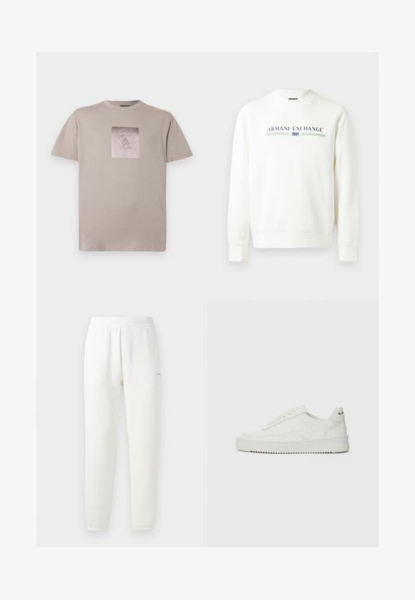 Sweatshirt branca com decote redondo, mangas longas e punhos canelados. Apresenta o logótipo impresso "Armani Exchange 1991" em azul e verde.; T-shirt de algodão bege com decote redondo e mangas curtas. Apresenta um gráfico de logotipo quadrado no centro, com texto cinza e detalhes de design.; Calças de treino brancas feitas de um tecido suave, com um cós elástico, pernas ajustadas e um pequeno logotipo do lado esquerdo.; Sapatilha de couro branco com acabamento suave, bico redondo, atacadores planos e uma sola texturizada. Apresenta um logotipo discreto no calcanhar.
