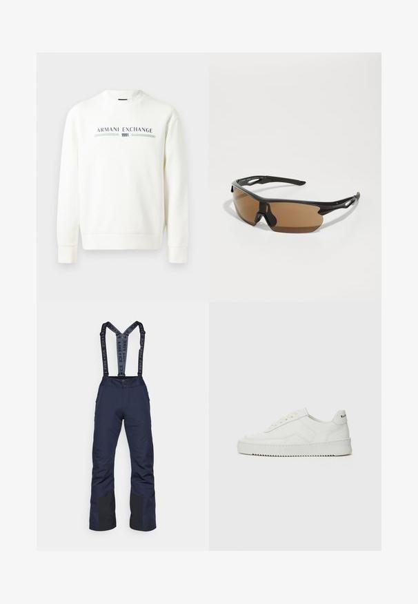 Weißer Sweatshirt mit Rundhalsausschnitt, langen Ärmeln und gerippten Bündchen. Mit einem gedruckten Logo "Armani Exchange 1991" in Blau und Grün.; Marineblaue Skihosen mit verstellbaren schwarzen Hosenträgern, die den Text "FIRE + ICE" tragen, verstärkten schwarzen Akzenten an den Knien und zwei seitlichen Reißverschlusstaschen.; Weiße Ledersneaker mit glatter Oberfläche, runder Zehenpartie, flachen Schnürsenkeln und strukturiertem Sohlenprofil. Mit einem dezenten Logo an der Ferse.; Sportsonnenbrille mit schwarzem Rahmen, bräunlich getönten Gläsern und strukturierten schwarzen Akzenten an den Schläfen. Leichtes und aerodynamisches Design.
