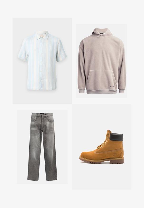 Mikina s kapucňou z fleecu svetlo šedej farby, s prednou vreckom, rebrovaným lemom a nastaviteľnou šnúrkou na kapucni. Mäkká textúra s minimálnym detailom.; Košeľa s krátkym rukávom a gombíkmi vo svetlo modrej a krémovej farbe, s textúrovanou tkaninou s vertikálnymi pruhmi a golierom.; Sivý denimové džínsy s voľným strihom, s detailmi v podobe blednutia a vyblednutej textúry, klasický dizajn s piatimi vreckami a zapínaním na gombík.; Tyrkysové semišové členkové topánky s čiernym polstrovaným golierom, zlatými kovovými očkami, bielym prešívaním a robustnou gumovou podrážkou s výraznými drážkami.