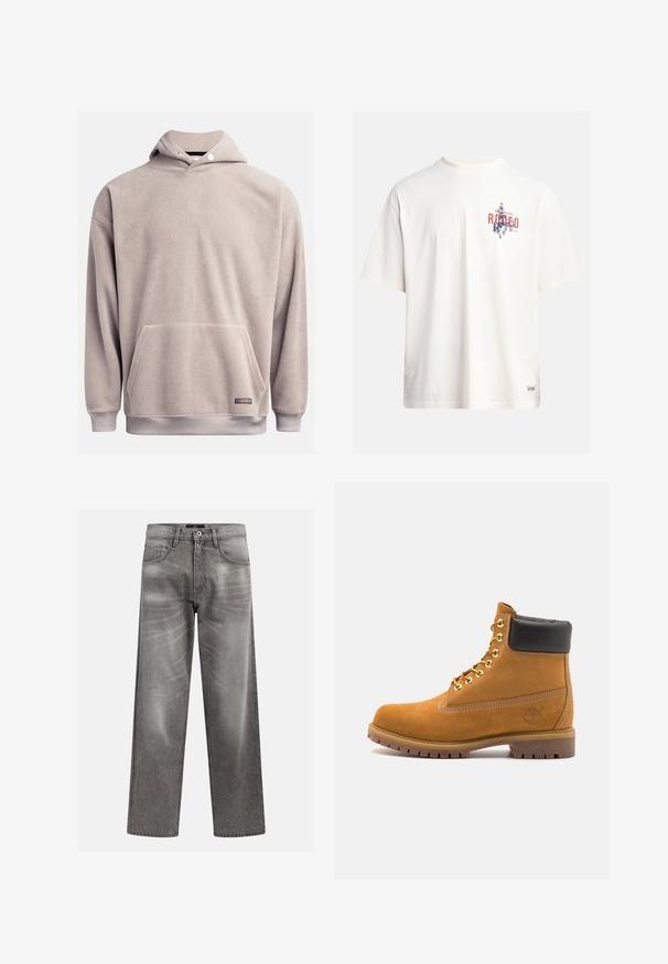 Pulover cu glugă din fleece, de culoare gri deschis, având un buzunar frontal, tiv zimțat și glugă reglabilă cu șnur. Textură moale cu detalii minime.; Tricou din bumbac crem, cu mâneci scurte și decolteu rotund. Prezintă un print grafic în nuanțe de albastru și roșu, cu text și un motiv.; Jeans din denim gri, cu o croială lejeră, având detalii de uzură și decolorare, un design clasic cu cinci buzunare și închidere cu buton.; Cizmă de gleznă din întoarsă de culoare bej, cu guler negru căptușit, ochiuri din metal auriu, detalii de cusătură albă și talpă din cauciuc robustă, cu un model pronunțat.