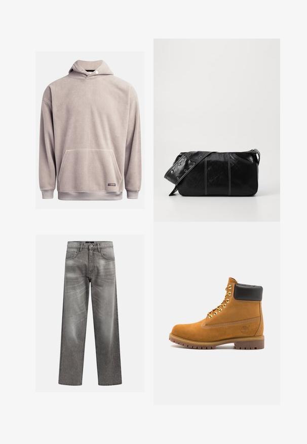 Fleece pullover hoodie in lichtgrijs, met een voorzak, ribgebreide zoom en verstelbare trekkoorden in de capuchon. Zachte textuur met minimale details.; Grijze denims met een losse pasvorm, voorzien van whiskering en vervagingdetails, een klassieke vijf-pocketontwerp en een knoopsluiting.; Tan suède enkelboot met zwart gevoerd kraagje, gouden metalen oogjes, witte stikdetails en een robuuste rubberen zool met uitgesproken profiel.; Zwarte leren schoudertas met een ritsluiting, voorzien van een gestructureerd lichaam, witte stiksels en een band met zilveren oogjes.