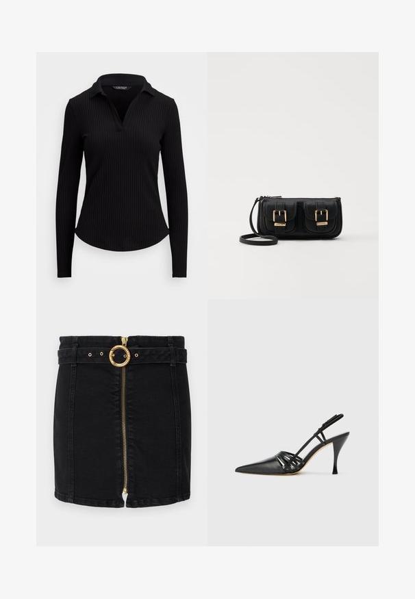 Črna rebrasta dolgosleeve polo majica z V-izrezom. Ima prilegajočo se zasnovo in teksturirano tkanino. Gladek zaključek brez okrasnih elementov.; Črna jeans krila z zlatim okroglim zaponko za pas, sprednjim zadrgo in zanke za pas. Ima prilagojen kroj in ravno obrobo.; Črne usnjene visokoodporne čevlje s peto in koničastim prstom, zasnovo križnega traku in vitko stileto peto. Gladka tekstura in minimalni poudarki.; Črna usnjena torbica čez ramo z dvema sprednjima žepoma, zlatimi zaponkami, zadrgo in ozkim pasom. Tekstura površine je strukturirana, obliko pa ima kompaktno pravokotno.