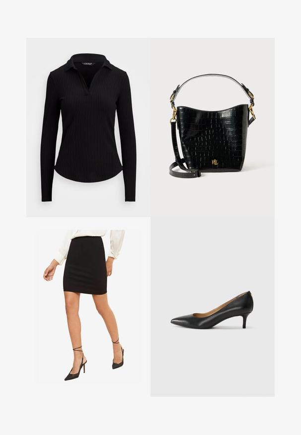 Crna rebrasta dugosPRaga polo majica s V-izrezom. Ima kroj koji se prilagođava tijelu i teksturiranu tkaninu. Glatka završnica bez ukrasa.; Crna uska mini suknja, glatka tkanina, srednji struk, uparena s crnim visokom potpeticama s ojačanim remenima oko skočnih zapešća.; Crne kožne cipele s uskim vrhom, niskom petom i glatkom teksturom. Imaju blago otvaranje sprijeda i minimalne metalne detalje straga.; Crna torba od kože s uzorkom krokodila, zakrivljenog oblika, s zlatnim metalnim detaljima, podesivim remenom i logotipom sprijeda.
