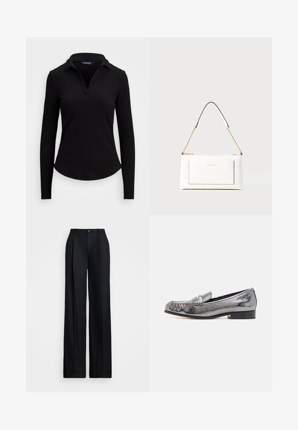 Svart stripete langermet polo skjorte med V-hals. Har en tettsittende design og teksturert stoff. Glatt overflate uten dekorasjoner.; Svart vide bukser med en glatt finish, flat front, beltehemper og en enkelt knapplukking i midjen.; Metallisk sølv lærloafers med en strukturert overflate, med frynse detaljer og en lav svart hæl. Klassisk og strømlinjeformet fasong.; Hvit lærveske med teksturert overflate, utstyrt med gullkjede for å bære over skulderen og svarte detaljer. Inkluderer en frontlomme og glidelås.