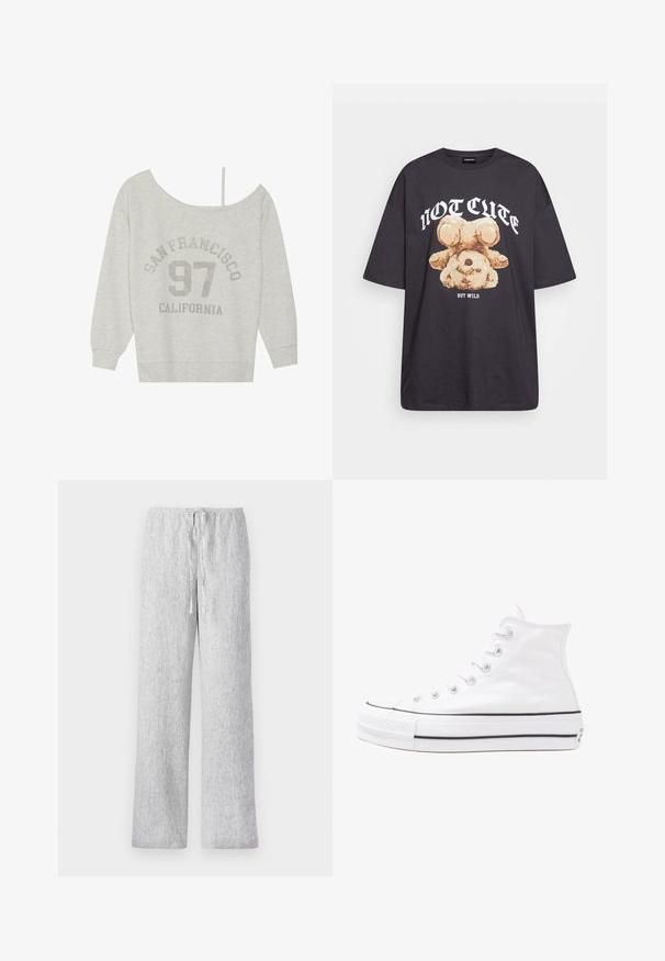 Even&Odd Sportska majica - mottled light grey; Crna oversized majica s grafikom medvjeda i natpisom "NIJE SLATKO, ALI DIVLJE" u podebljanim, bijelim slovima. Pamuk.; Prugaste široke hlače svijetlo sive boje s mekom teksturom, s elastičnim pojasom i vezicom za prilagodljivost.; Bijela visoka platnena tenisica s crnom gumenom potplatom, prednjim gumenim zaštitnikom prstiju i šest rupa za vezanje, s čistim, minimalističkim dizajnom.