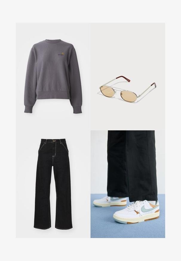 Hallide särk, mis on valmistatud puuvilla segukangast. Omab ümmargust kaelust, ribatud varrukaotste ja väikest tikanditud logo rinnal.; Mustmustest mustadest denimist, millel on kontrastsed valged õmblused ja esine nupp, kahe nurga all asuva esipocketiga.; Isik, kellel on seljas valged, helesinised ja pruunid Nike spordijalatsid valgete paeltega, mustad püksid ja valged sokid, seisab helesinise põranda peal.; Metallist päikeseprillid ovaalsete, helepruunide toonitud läätsega. Kitsa hõbedase raamiga, millel on tekstuurilised aktsendid ja punakaspruunid otsad käepidemetel.