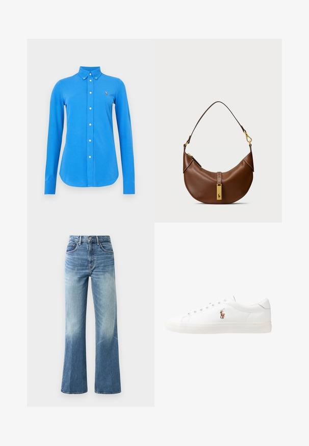 Żółty sweter dziany na drutach z dekoltem w serek, z wzorem warkocza. Ściągacze na mankietach i dolnym brzegu. Mała emblemata z logo na lewej piersi.; Niebieska koszula z długim rękawem i kołnierzykiem na guziki, z białymi guzikami i małym haftowanym logo na lewej piersi. Gładka faktura tkaniny.; Jasnoniebieskie dżinsy z wysokim stanem, z szerokimi nogawkami, wyblakłą teksturą, pięcioma kieszeniami i metalowym zapięciem na guzik.; Białe skórzane sneakersy, niskoprofilowy design, charakteryzujące się gładką fakturą, okrągłym noskiem, sznurowanym przodem i małym haftowanym logo z boku.; Brązowa skórzana torba na ramię o zaokrąglonym kształcie, ze złotymi detalami, zapięciem u góry oraz akcentem logo. Gładka faktura z przeszytymi krawędziami.