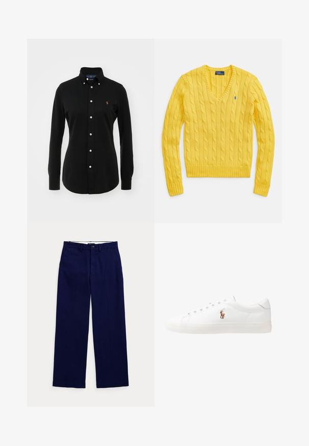 Dzeltena adīta džempera ar V veida izgriezumu un rakstu ar pinumiem. Ribaina aproču un apakšmala. Mazs logotipa simbols uz kreisā krūšu rajona.; Melnas garām piedurknēm krekls, izgatavots no kokvilnas, ar pogājamu apkali, ar baltām pogām un nelielu izšūtu logotipu uz krūtīm.; Jūras zila taisna kāja bikses ar jostas cilpām, pogu aizdari un sānu kabatām uz vienkārša gaiša fona.; Baltas ādas sporta apavi, zema dizaina, ar gludu tekstūru, noapaļotu purngalu, ar auklēm priekšpusē un nelielu izšūtu logotipu sānos.