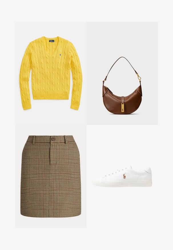 Dzeltena adīta džempera ar V veida izgriezumu un rakstu ar pinumiem. Ribaina aproču un apakšmala. Mazs logotipa simbols uz kreisā krūšu rajona.; Brūns un beidžs svītrainais svārks ar pogu aizdari, ar izšuvumiem un pielāgotu dizainu. Audumam ir teksturēts apdare.; Baltas ādas sporta apavi, zema dizaina, ar gludu tekstūru, noapaļotu purngalu, ar auklēm priekšpusē un nelielu izšūtu logotipu sānos.; Bēšs ādas plecu soma ar izliektu formu, zelta aparatūru, augšējo aizdari un logotipa akcentu. Gluda faktūra ar šušu malām.