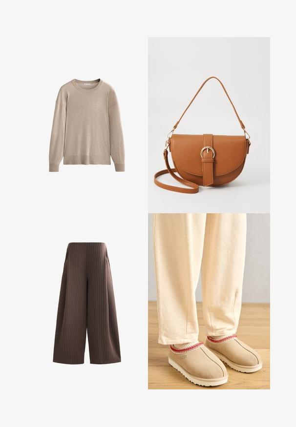 Beige langærmet sweater med rund halsudskæring og ribbede manchetter og kant. Blød tekstur og afslappet pasform med drop-skulder.; Brune bredbensbukser med vertikale hvide striber, der har sidelommer og en glat tekstur. Flad talje uden synlig hardware.; Tan suede klipklapper med rød dekorativ trim og hvid gummisål, parret med lyse beige bukser, placeret på et trægulv.; Brun læder crossbody taske med en buet form, guldfarvet hardware og en spændeaccent. Har en aftagelig skulderrem.