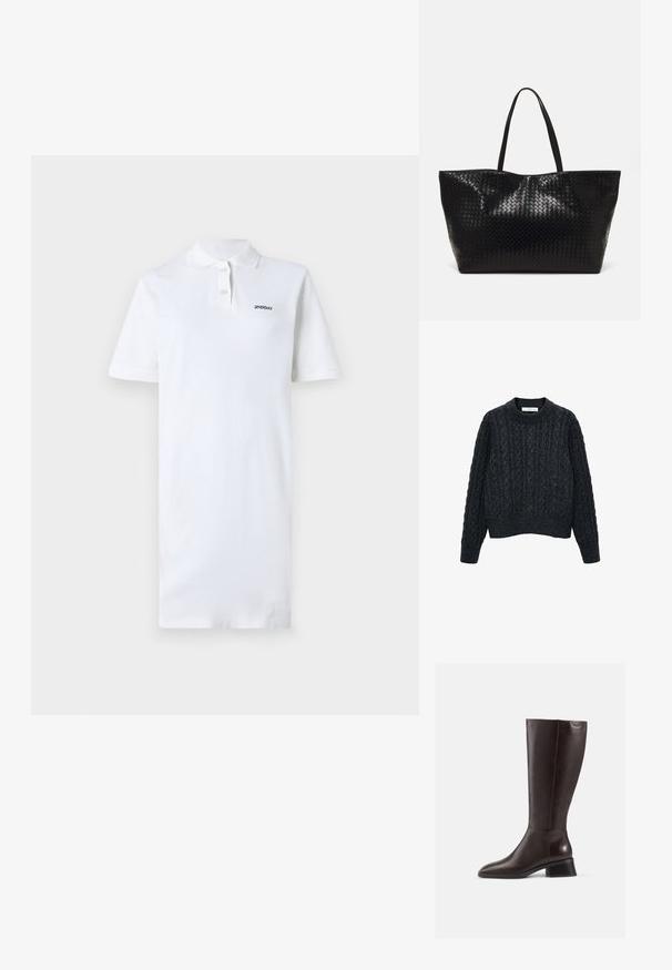 Temno siva pletena jopica z strukturiranim kablom, okroglim izrezom in rebrastimi manšetami ter robom. Oblika je skrajšana.; Bela polo obleka iz bombaža, s ovratnikom in kratkimi rokavi. Vključuje majhen črn logo na levi prsni strani. Gladka tekstura.; Rjav usnjeni škornji do kolen z gladko površino, zaobljenim nosom in črnim zloženim petam. Enostavna zasnova z minimalnimi kovinskimi detajli.; Črna tkanina torba s trdnimi ročaji, ki ima sijočo teksturo in prostoren odprt zgornji dizajn.