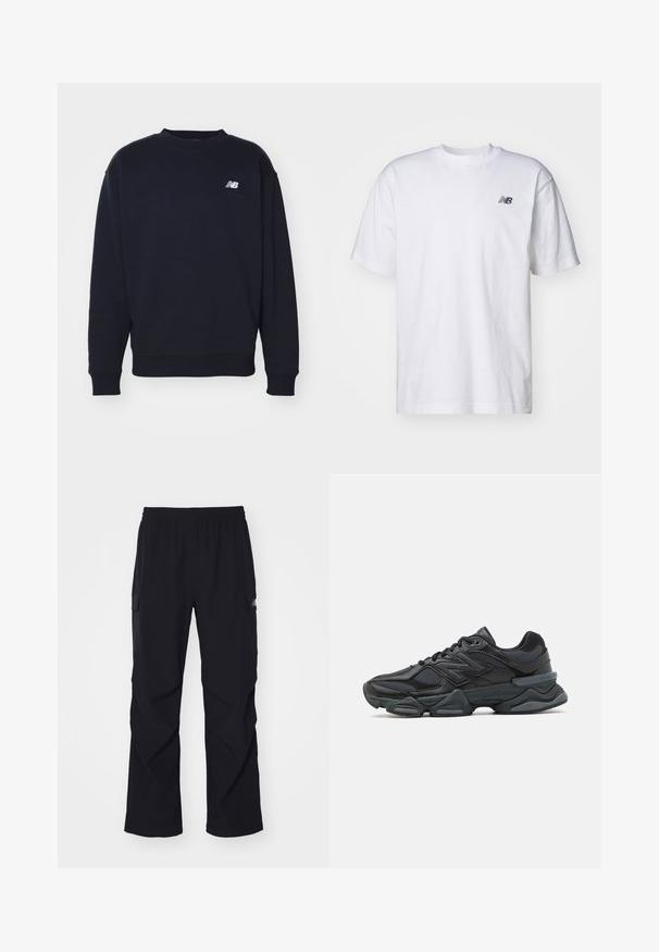 Navy modra majica s kapuco iz mehkega blaga z okroglim izrezom, ribastimi manšetami in majhnim belim logotipom "N" na prsih. Preprost, klasičen dizajn.; Bela kratka majica s kratkimi rokavi in ovratnikom, na kateri je majhen črni logotip New Balance na levem prsnem delu, na enobarvni podlagi.; Črne cargo hlače iz lahkega materiala, z elastičnim pasom, stranskimi žepi in ravnim krojem.; Črne tekaške superge, ki združujejo mrežaste in sintetične materiale, imajo debel podplat, ukrivljen oblikovni slog ter izrazito blagovno znamko na strani.