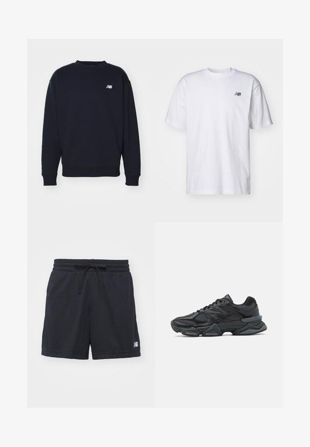 Navy modra majica s kapuco iz mehkega blaga z okroglim izrezom, ribastimi manšetami in majhnim belim logotipom "N" na prsih. Preprost, klasičen dizajn.; Bela kratka majica s kratkimi rokavi in ovratnikom, na kateri je majhen črni logotip New Balance na levem prsnem delu, na enobarvni podlagi.; Črne športne kratke hlače iz mrežaste tkanine z elastičnim pasom in vrvico ter majhnim belim logotipom na spodnjem desnem delu.; Črne tekaške superge, ki združujejo mrežaste in sintetične materiale, imajo debel podplat, ukrivljen oblikovni slog ter izrazito blagovno znamko na strani.