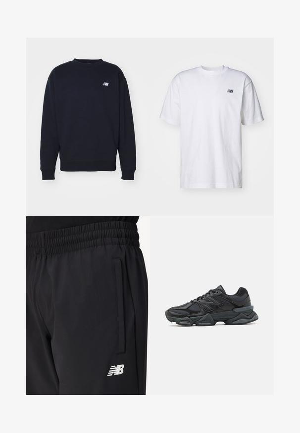Námornícky modrý sveter vyrobený z mäkkej látky, s okrúhlym výstrihom, rebrovanými manžetami a malým bielym logom "N" na hrudi. Jednoduchý, klasický dizajn.; Biele tričko s krátkym rukávom a okrúhlym výstrihom s malým čiernym logom New Balance na ľavej hrudi na jednoduchom pozadí.; Čierne športové nohavice s elastickým pásom, bočnou vreckom a bielym logom New Balance na stehne.; Čierna bežecká obuv so zmesou sieťoviny a syntetických materiálov, robustnou podrážkou, zakriveným dizajnom a výrazným logom na boku.