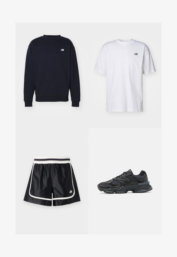 Mørkeblå hettegenser laget av myk stoff med rund hals, ribbestrikkede ermer og liten hvit "N" logo på brystet. Enkelt, klassisk design.; Hvit kortermet T-skjorte med rund hals og liten svart New Balance-logo på venstre bryst mot en ensfarget bakgrunn.; Sorte treningsshorts med en kontrastfarget hvit midje og piping langs lommene, laget av et glatt, lett materiale.; Svart løpesko med en blanding av mesh og syntetiske materialer, chunky såle, buet design og fremtredende merkevare på siden.