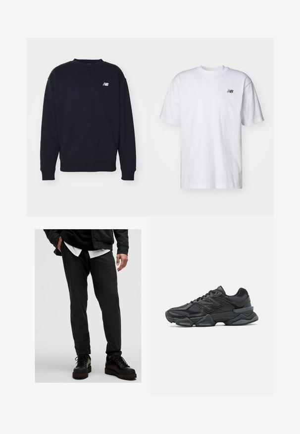 Tummansininen collegepusero pehmeästä kankaasta, jossa on pyöreä kaula-aukko, ribbaatut hihansuut ja pieni valkoinen "N"-logo rinnassa. Yksinkertainen, klassinen muotoilu.; Valkoinen lyhythihainen crew neck -t-paita, jossa vasemmassa rinnassa pieni musta New Balance -logo, taustalla yksinkertainen tausta.; Mustat kevyet housut, joissa on sileä pinta, kapeat leikkaukset ja joustava vyötärö. Sopii yhteen mustien nauhakenkien kanssa.; Musta juoksukenkä, jossa on yhdistelmä verkko- ja synteettisiä materiaaleja, paksu pohja, kaareva muotoilu ja näkyvä brändäys sivussa.