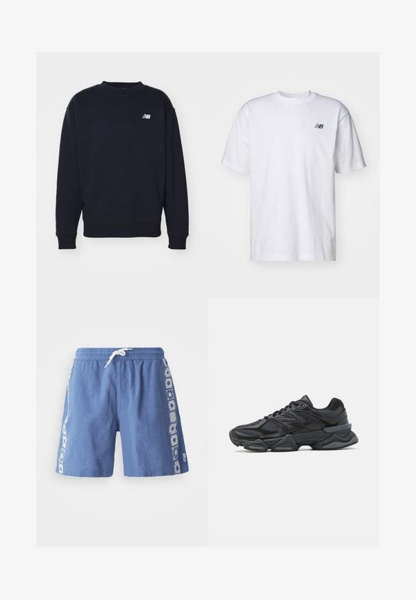 Navy modra majica s kapuco iz mehkega blaga z okroglim izrezom, ribastimi manšetami in majhnim belim logotipom "N" na prsih. Preprost, klasičen dizajn.; Bela kratka majica s kratkimi rokavi in ovratnikom, na kateri je majhen črni logotip New Balance na levem prsnem delu, na enobarvni podlagi.; Modre kopalne hlače iz lahkega materiala, z elastičnim pasom in cvetličnimi potiski ob straneh.; Črne tekaške superge, ki združujejo mrežaste in sintetične materiale, imajo debel podplat, ukrivljen oblikovni slog ter izrazito blagovno znamko na strani.