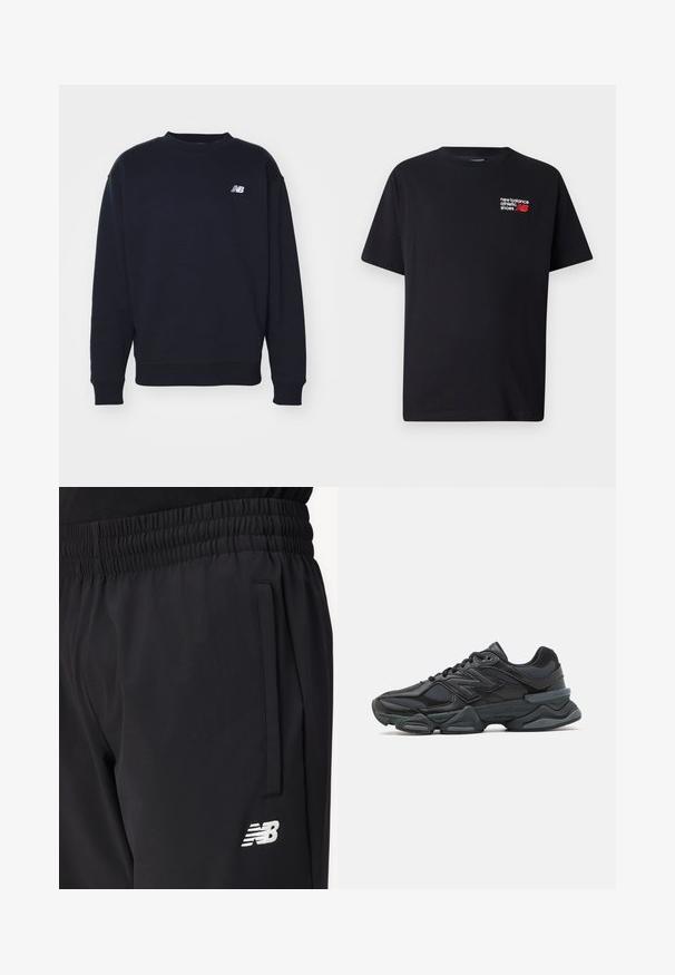 Marineblauer Sweatshirt aus weichem Stoff mit Rundhalsausschnitt, gerippten Bündchen und kleinem weißen "N"-Logo auf der Brust. Einfaches, klassisches Design.; Schwarzes Baumwoll-T-Shirt mit Rundhalsausschnitt. Verfügt über ein kleines rotes und weißes "New Balance"-Logo und Text im oberen linken Brustbereich.; Schwarze Sporthosen mit elastischem Bund, seitlicher Tasche und weißem New Balance-Logo auf dem Oberschenkel.; Schwarzer Laufschuh mit einer Mischung aus Mesh- und sinthetischen Materialien, dicke Sohle, geschwungenes Design und auffälliger Markenkennzeichnung an der Seite.