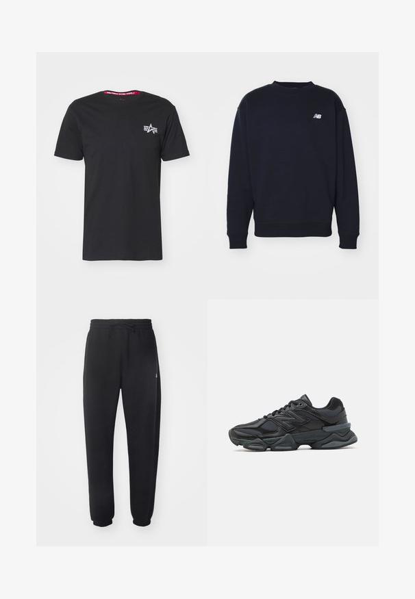 Námořnický modrý svetr vyrobený z měkké tkaniny s kulatým výstřihem, ribbenými manžetami a malým bílým logem "N" na hrudi. Jednoduchý, klasický design.; Černé bavlněné tričko s krátkými rukávy. Má malé bílé logo na levé straně hrudi a kontrastní červený vnitřní límec.; Černé tepláky z měkkého materiálu s elastickým pasem, šňůrkou na stažení a zužujícími se manžetami, s jemným logem na boku.; Černá běžecká bota s kombinací síťoviny a syntetických materiálů, masivní podešev, zakřivený design a výrazné logo na boku.