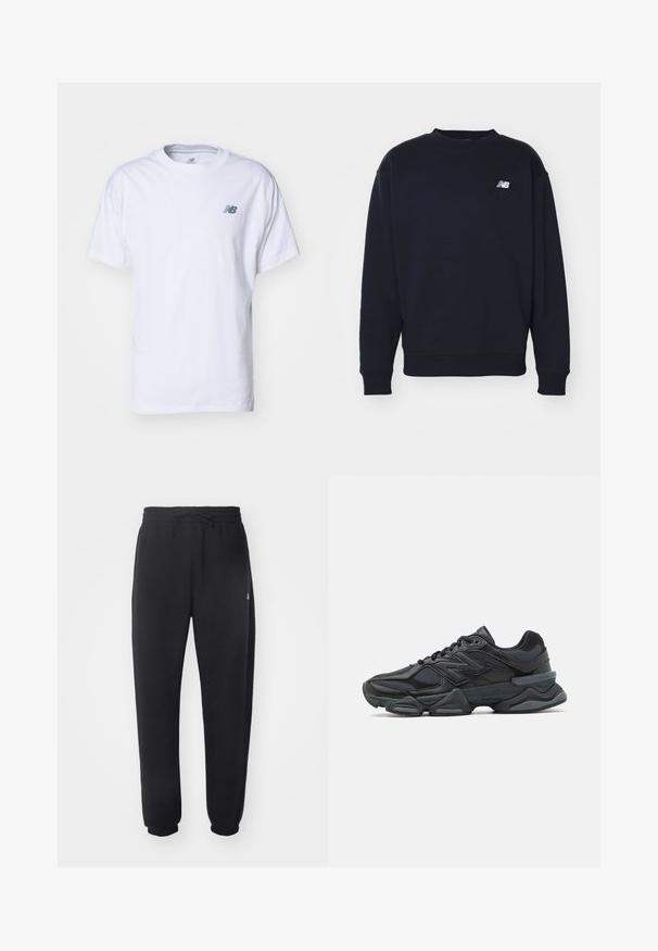 Námořnický modrý svetr vyrobený z měkké tkaniny s kulatým výstřihem, ribbenými manžetami a malým bílým logem "N" na hrudi. Jednoduchý, klasický design.; Bílý bavlněný tričko s kulatým výstřihem, krátkými rukávy a subtilním šedým logem New Balance na levé straně hrudi.; Černé tepláky z měkkého materiálu s elastickým pasem, šňůrkou na stažení a zužujícími se manžetami, s jemným logem na boku.; Černá běžecká bota s kombinací síťoviny a syntetických materiálů, masivní podešev, zakřivený design a výrazné logo na boku.