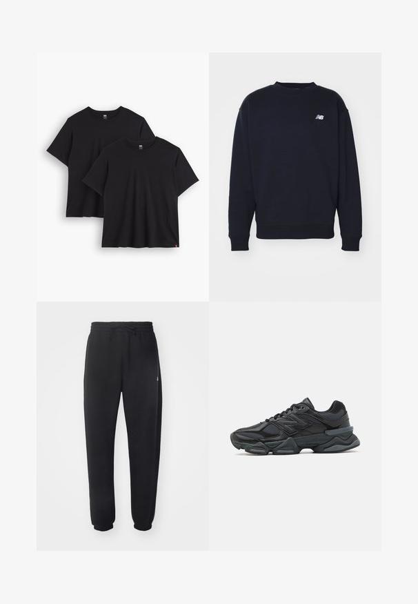 Tamsiai mėlynas džemperis, pagamintas iš švelnios medžiagos, su apvaliu kaklu, gumuotais rankogaliais ir maža balta "N" logotipo etiketė ant krūtinės. Paprastas, klasikinis dizainas.; Duos juodų medvilninių marškinėlių su trumpomis rankovėmis, apvaliais iškirpimais ir laisvu siluetu. Kiekvienas turi mažą audinį etiketę prie krašto.; Juodi sportiniai kelniai, pagaminti iš minkštos medžiagos, su elastinga juosmena, raišteliu ir siaurėjantys ties apačia, su subtiliu logotipu šone.; Juodas bėgimo batelis, pagamintas iš tinklinės ir sintetinės medžiagos, turintis stambų pado dizainą, kreivą formą ir ryškią prekės ženklą šone.