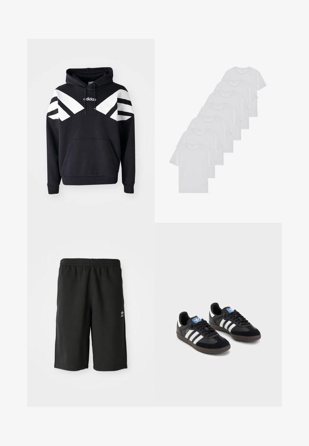 Sweatshirt preto com capuz, apresentando riscas diagonais brancas no peito e nas mangas, bolso frontal e logótipo na parte superior do peito.; T-shirts brancos de algodão, mangas curtas, design de gola redonda, com textura lisa, empilhados em fila, com uma marcação subtil na gola.; Calções pretos em algodão com uma cintura elástica, costuras laterais e um pequeno logótipo branco na perna esquerda. Textura suave, design até ao joelho.; Sneakers pretos com parte superior em camurça e sintético, apresentando três riscas brancas, sola de borracha texturizada e etiqueta azul no linguete.