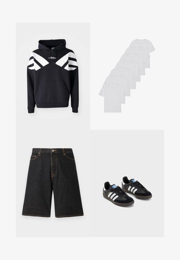 Schwarzer Kapuzenpullover mit weißen diagonalen Streifen über der Brust und den Ärmeln, einer Vorderasche und einem Logo auf der oberen Brust.; Weiße Baumwoll-T-Shirts, kurze Ärmel, Rundhals-Design, schlichte Textur, in einer Reihe gestapelt, mit dezentem Branding am Hals.; Schwarze Jeansshorts mit geradem Beinschnitt, orangefarbener Naht, fünf Taschen und einem Metallknopfverschluss am Bund.; Schwarze Sneaker mit einem Obermaterial aus Wildleder und Synthetik, ausgestattet mit drei weißen Streifen, einer strukturierten Gummi-Sohle und einem blauen Logo-Tag auf der Zunge.