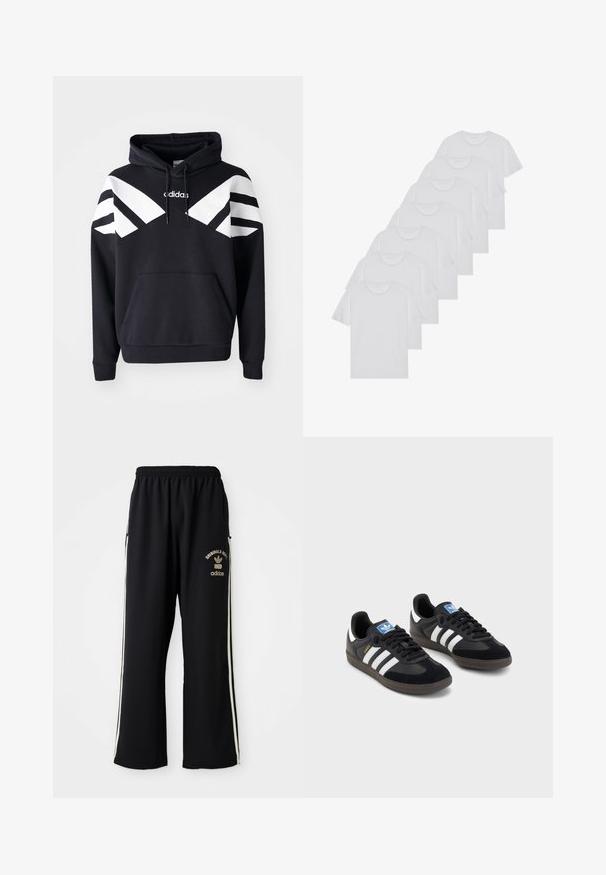 Črno kapuco ima športno majico z belimi diagonalnimi črtami čez prsni del in rokave, sprednjim žepom in logotipom na zgornjem prsnem delu.; Beli bombažni T-majici, kratki rokavi, krožni izrez, enostavna tekstura, zloženi v vrsto, s subtilnim logotipom na vratu.; Črne športne hlače z belimi stranskimi črtami in logotipom. Narejene iz gladkega materiala z elastičnim pasom za udobje.; Črne športne copate z zgornjim delom iz semiša in sintetičnih materialov, ki imajo tri bele črte, teksturiran gumijast podplat in modro označevalno oznako na jeziku.