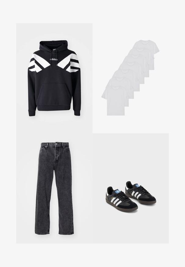 Svart hettegenser med hvite skrå striper over brystet og ermene, frontlomme og logo på øverste bryst.; Hvite bomulls T-skjorter, korte ermer, rund hals-design, enkel tekstur, stablet i en rekke, med subtil merking ved halsen.; Jack & Jones JJIALEX JJORIGINAL - Baggy jeans - black denim; Svarte sneakers med overdel i semsket lær og syntetisk materiale, med tre hvite striper, strukturert gummisåle og blå logoetikett på tungen.