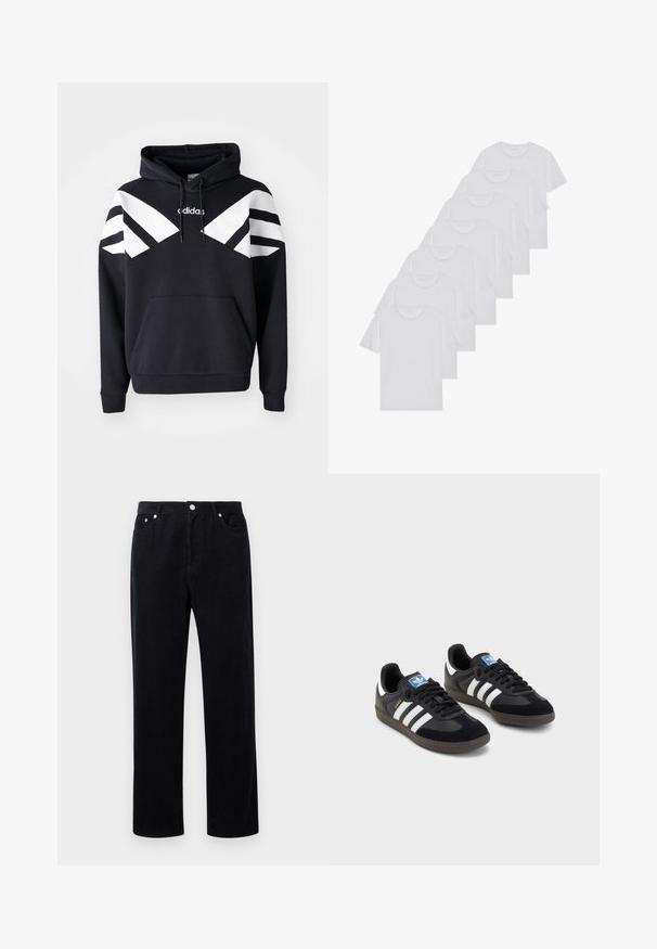 Sweat-shirt à capuche noir avec des rayures blanches diagonales sur la poitrine et les manches, poche avant et logo sur le haut de la poitrine.; T-shirts en coton blanc, à manches courtes, design col rond, texture uniforme, empilés en rangée, avec un logo subtil au niveau de l'encolure.; Pantalons en velours côtelé noir avec une coupe droite, dotés d'une fermeture à bouton et fermeture éclair, de cinq poches et d'un tissu doux et texturé.; Des baskets noires avec une tige en suède et en matériaux synthétiques, dotées de trois rayures blanches, d'une semelle en caoutchouc texturé et d'une étiquette de logo bleue sur la languette.