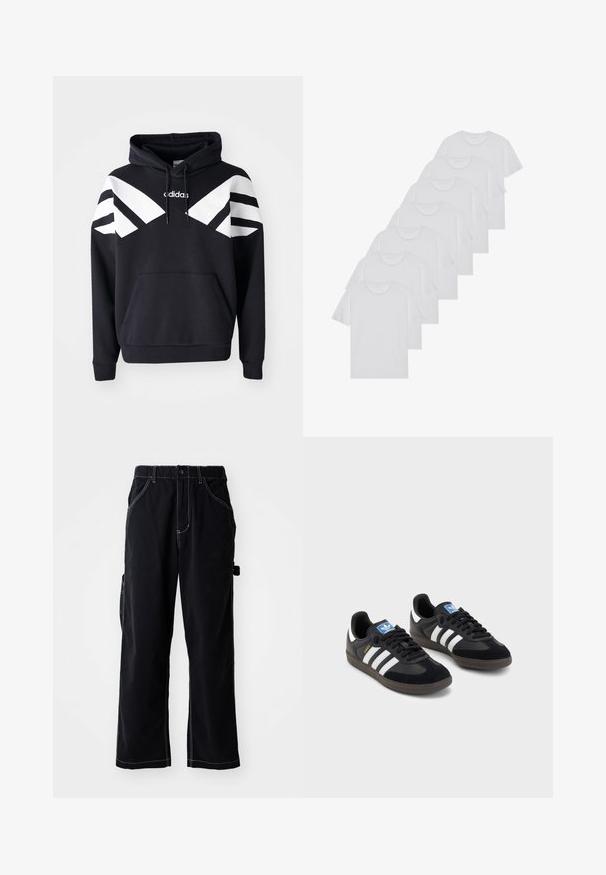 Hanorac negru cu glugă, cu linii diagonale albe pe piept și pe mâneci, buzunar frontal și logo pe partea superioară a pieptului.; Tricouri din bumbac albe, cu mâneci scurte, design cu guler rotund, textură simplă, așezate într-un rând, cu o marcă subtilă la guler.; Pantaloni cargo negri cu o croială relaxată, având un brâu cu șnur, buzunare laterale și detalii de cusătură albă în contrast.; Tenisi negri cu superior din suede și sintetic, având trei dungi albe, talpă din cauciuc texturat și etichetă albastră cu logo pe limbă.
