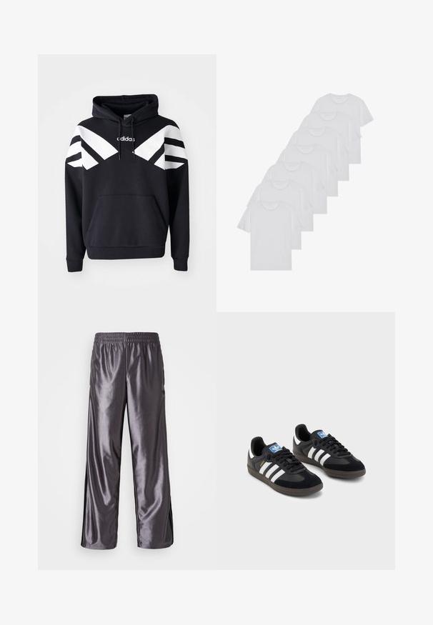 Black hooded sweatshirt featuring white diagonal stripes across the chest and sleeves, front pocket, and logo on the upper chest.; White cotton T-shirts, short sleeves, crew neck design, plain texture, stacked in a row, with subtle branding at the neckline.; Gray shiny athletic pants with a loose fit, an elastic waistband, and black side accents. The texture appears sleek and smooth.; Black sneakers with a suede and synthetic upper, featuring three white stripes, textured rubber sole, and blue logo tag on the tongue.