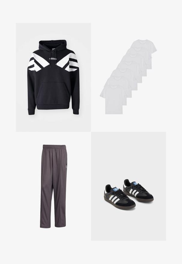 Černá mikina s kapucí, která má bílé diagonální pruhy přes hrudník a rukávy, přední kapsu a logo na horní části hrudníku.; Bílé bavlněné trička s krátkým rukávem, design s kulatým výstřihem, jednobarevná textura, naskládána do řady, s jemným brandingem na výstřihu.; Šedé sportovní kalhoty vyrobené z lehkého materiálu. Mají elastický pas a rovný střih. Obsahují malé logo na boku.; Černé tenisky s vrškem z semiše a syntetického materiálu, s třemi bílými pruhy, texturovanou gumovou podrážkou a modrou nášivkou loga na jazyku.