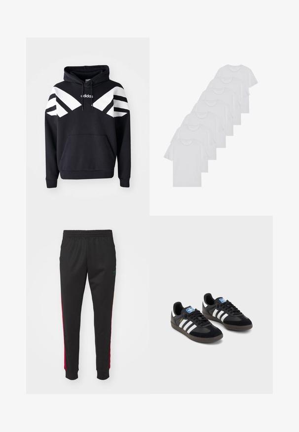 Fekete kapucnis pulóver, fehér diagonális csíkokkal a mellkason és az ujjakon, elülső zsebbel és logóval a mellkason.; Fehér pamut pólók, rövid ujjúak, kerek nyak kialakítással, sima textúrával, sorba rakva, diszkrét logóval a nyaknál.; Fekete sportnadrág, húzózsinórral a deréknál, piros oldalcsíkokkal és zöld logóval. A lábak a boka felé keskenyednek, rugalmas mandzsettákkal.; Fekete sportcipők, velúrból és szintetikus anyagból készült felsőrésszel, három fehér csíkkal, textúrázott gumitalppal és kék logó címkével a nyelvén.