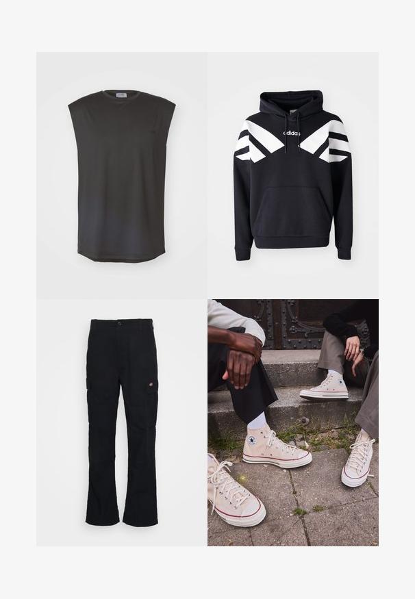 Black hooded sweatshirt featuring white diagonal stripes across the chest and sleeves, front pocket, and logo on the upper chest.; ICANIWILL STRIDE SLEEVELESS MEN - Top - graphite; Black cargo pants with a straight leg design, made from durable fabric, featuring side pockets and a patch logo on the left side.; High-top beige canvas sneakers with red stripe, white rubber sole, and metal eyelets, featuring iconic star logo on the side.