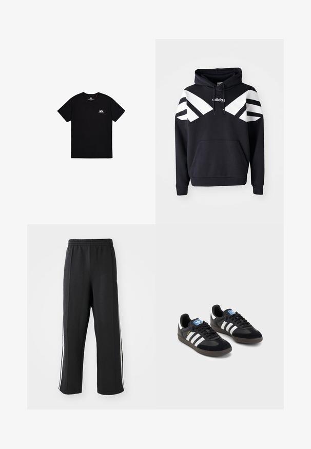 Must mustaga, millel on valged diagonaalsed triibud rinnal ja varrukatel, eesmine tasku ning logo ülemisel rinnal.; Must have must valge logo vasakul rinnal ja silt külje õmblusel. Lihtne disain.; Mustad mustad püksid elastse vöökoha ning valgete küljeribadega, lõdva istuvusega. Valmistatud pehmest ja venivast kangast.; Mustad tossud, mille pealseks on seemisnahk ja sünteetilised materjalid, kolme valge triibuga, tekstureeritud kummitald ja sinine logo silt keele peal.