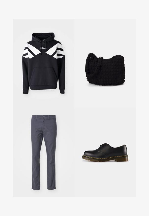 Felpa nera con cappuccio caratterizzata da strisce diagonali bianche sul petto e sulle maniche, tasca frontale e logo sulla parte superiore del petto.; Chinos grigi scuri realizzati in tessuto misto cotone. Presentano una chiusura con bottone e cerniera, passanti per cintura e design a gamba dritta.; Scarpa in pelle nera con punta arrotondata, design con lacci, cuciture gialle lungo la suola e suola in gomma spessa e testurizzata.; Borsa in tessuto nero con un motivo trapuntato e texture. Forma arrotondata, manici corti e spessi, e una struttura morbida e flessibile.; Set di sette anelli in argento con diversi design, tra cui motivi attorcigliati, collegati e incisi. Diverse forme e larghezze.