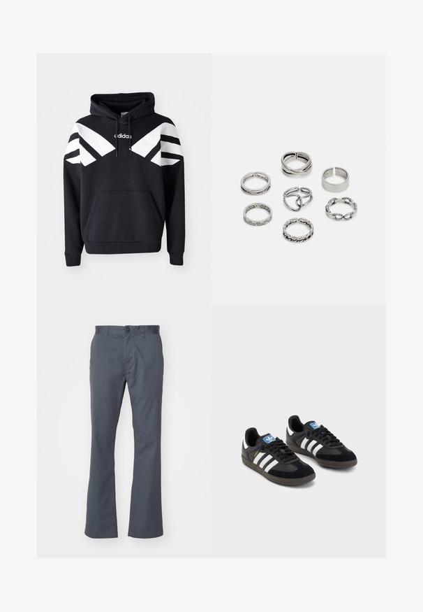 Sweatshirt preto com capuz, apresentando riscas diagonais brancas no peito e nas mangas, bolso frontal e logótipo na parte superior do peito.; Calças cinza escuras, de perna reta, feitas de mistura de algodão, com fecho frontal por botão, passadores de cinto e bolsos padrão. Textura suave.; Sneakers pretos com parte superior em camurça e sintético, apresentando três riscas brancas, sola de borracha texturizada e etiqueta azul no linguete.; Conjunto de sete anéis de prata com vários designs, incluindo padrões torcidos, entrelaçados e gravados. Diferentes formas e larguras.