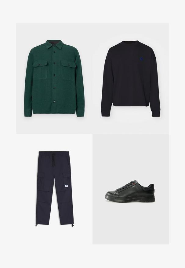 Czarna bluza z bawełny, z okrągłym dekoltem i luźnym krojem. Ma małe, niebieskie haftowane logo na piersi.; Zielona, teksturowana kurtka koszulowa z kołnierzykiem, dwoma przednimi kieszeniami i czarnymi guzikami, wykonana z miękkiego, tkanej tkaniny.; Granatowe spodnie cargo wykonane z lekkiego materiału, z elastycznym pasem, sznurkiem, wieloma kieszeniami oraz zamkami błyskawicznymi przy kostkach.; Czarne skórzane sneakersy z teksturowaną cholewką, miękkim kołnierzem i czerwonym logo. Posiadają grubą gumową podeszwę z wyraźnym wzorem bieżnika.