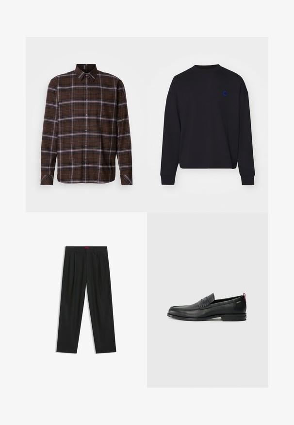 Black sweatshirt made of cotton, featuring a round neckline and loose fit. It has a small blue embroidered logo on the chest.; Brown plaid long-sleeve button-up shirt with white and black stripes, pointed collar, and buttoned cuffs on neutral background.; Black trousers with a pleated design, wide leg shape, and a smooth texture. Features a red waistband tag.; Black leather loafers with a textured front panel and smooth sides. Features a slim heel and rear loop for easy wear. Classic design.