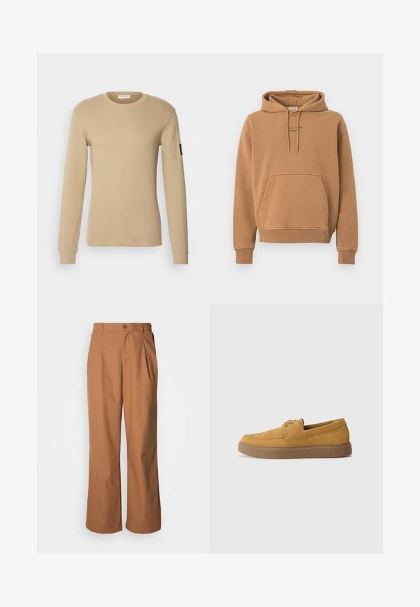 Brown hoodie with a front pocket, drawstring hood, and logo text on the chest. Made of soft fabric with a slightly textured finish.; Long-sleeve, beige T-shirt made of textured fabric, featuring a round neck and fitted cuffs. Includes a small black logo on the sleeve.; Wide-leg trousers in a warm brown fabric, featuring a front button closure, subtle pleats, and straight cut for a relaxed fit.; Brown suede slip-on shoes with a textured finish, round toe, and contrasting rubber sole. Features subtle branding near the heel.