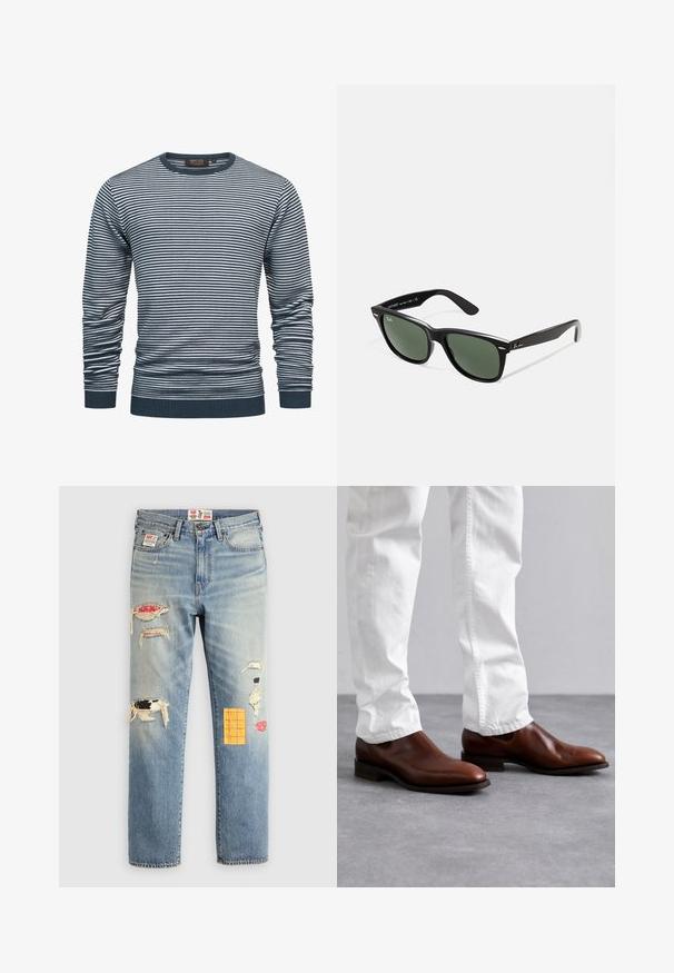 Pasiasta koszula z długim rękawem w kolorze granatowym i białym, z prążkowanym dekoltem i mankietami. Materiał jest miękki, a na całej powierzchni znajduje się poziomy wzór w paski.; Biała koszulka z długim rękawem i okrągłym dekoltem, wykonana z miękkiego materiału, o luźnym kroju, bez widocznych logo lub wzorów.; Jasnoniebieskie dżinsy o luźnym kroju, z przetarciami w różnych kolorach i wzorach, w tym akcentami w kolorze pomarańczowym i czerwonym.; Brązowe skórzane buty wsuwane o gładkim wykończeniu, w szpic, z płaską podeszwą, zestawione z białymi spodniami o slim fit.; Czarne plastikowe okulary przeciwsłoneczne z zielonymi szkłami, kwadratowe oprawki, srebrny akcent na brwi oraz fakturowane ramiona temple. Nazwa marki podana na wewnętrznej stronie ramion.