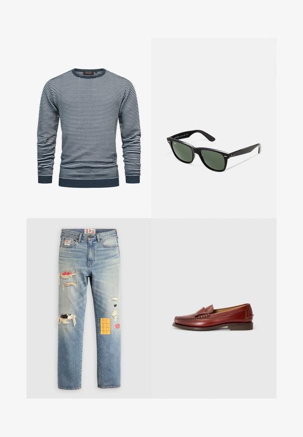 Striped long-sleeve shirt in navy and white, featuring a ribbed neckline and cuffs. The fabric is soft, with horizontal stripes throughout.; White long-sleeve t-shirt with a round neckline, made of soft fabric, featuring a relaxed fit and no visible logos or patterns.; Light blue denim jeans with a relaxed fit, featuring distressed patches in various colors and patterns, including orange and red accents.; Brown leather loafers with a smooth finish, decorative stitching, and a front tassel accent. Low, solid brown heel, sleek design.; Black plastic sunglasses with green lenses, square frames, silver accent on the brow, and textured temple arms. Stated brand on inner arm.