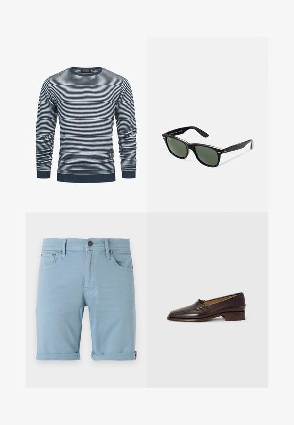 Stribet langærmet skjorte i navy og hvid, med ribbet halsudskæring og manchetter. Stoffet er blødt, med vandrette striber over det hele.; Hvid langærmet t-shirt med rund halsudskæring, lavet af blødt stof, med en afslappet pasform og uden synlige logoer eller mønstre.; Lystblå denim shorts med et klassisk fem-lomme-design, opkrøllede manchetter, detaljer med syninger foran og bagpå samt en mørk knaplukning.; Brune læder loafers med en let spids toe, lav stablet hæl og dekorativ syning på overdelen. Glat tekstur, minimalistisk design.; Sorte plastiksolkaber med grønne linser, firkantede stel, sølvaccent på brynene og teksturerede templede arme. Angivet mærke på den indre arm.